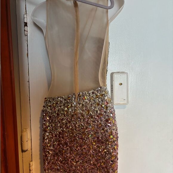 JOVANI Dress Formal Beaded Prom Sheer Nude Silver Illusion Mesh Gown rhinestone - Picture 3 of 10